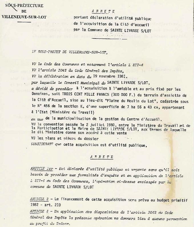 L'arrêté Morlot - Acquisition du CAFI par la mairie de Saint-Livrade pour 300.000 francs