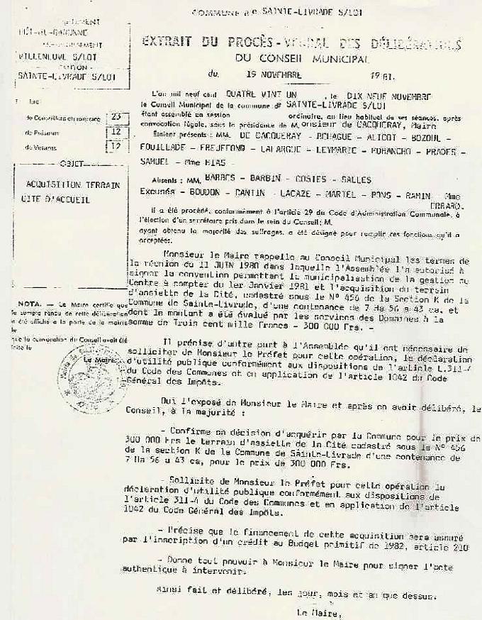 L'arrêté Morlot - Acquisition du CAFI par la mairie de Saint-Livrade 1981